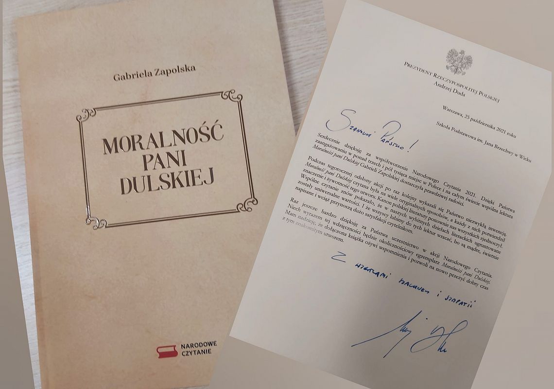 Podziękowanie dla Szkoły Podstawowej im. Jana Brzechwy w Wicku z Kancelarii Prezydenta za Narodowe Czytanie 2021