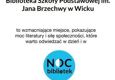 Dyplom - podziękowanie za akcję "Noc Bibliotek" w Bibliotece Szkolnej w Wicku