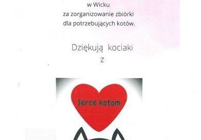 Grafika 1: Podziękowania dla Szkoły Podstawowej im. Jana Brzechwy w Wicku za udział w akcji charytatywnej "Serce kotom"