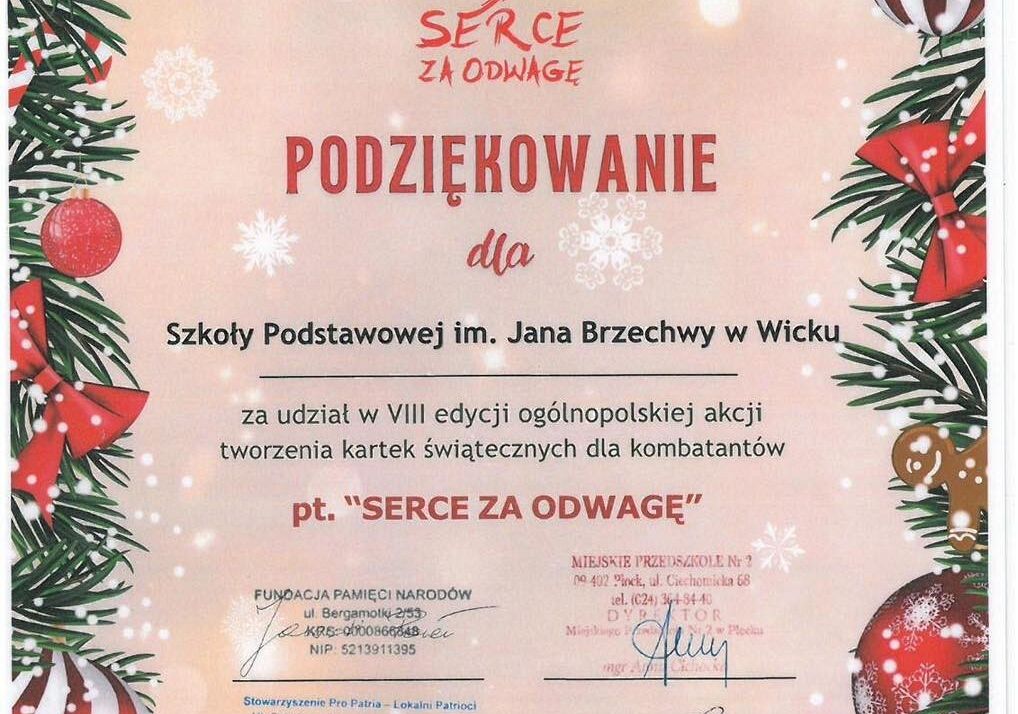 Podziękowanie dla naszej szkoły za udział w akcji "Serce za odwagę"