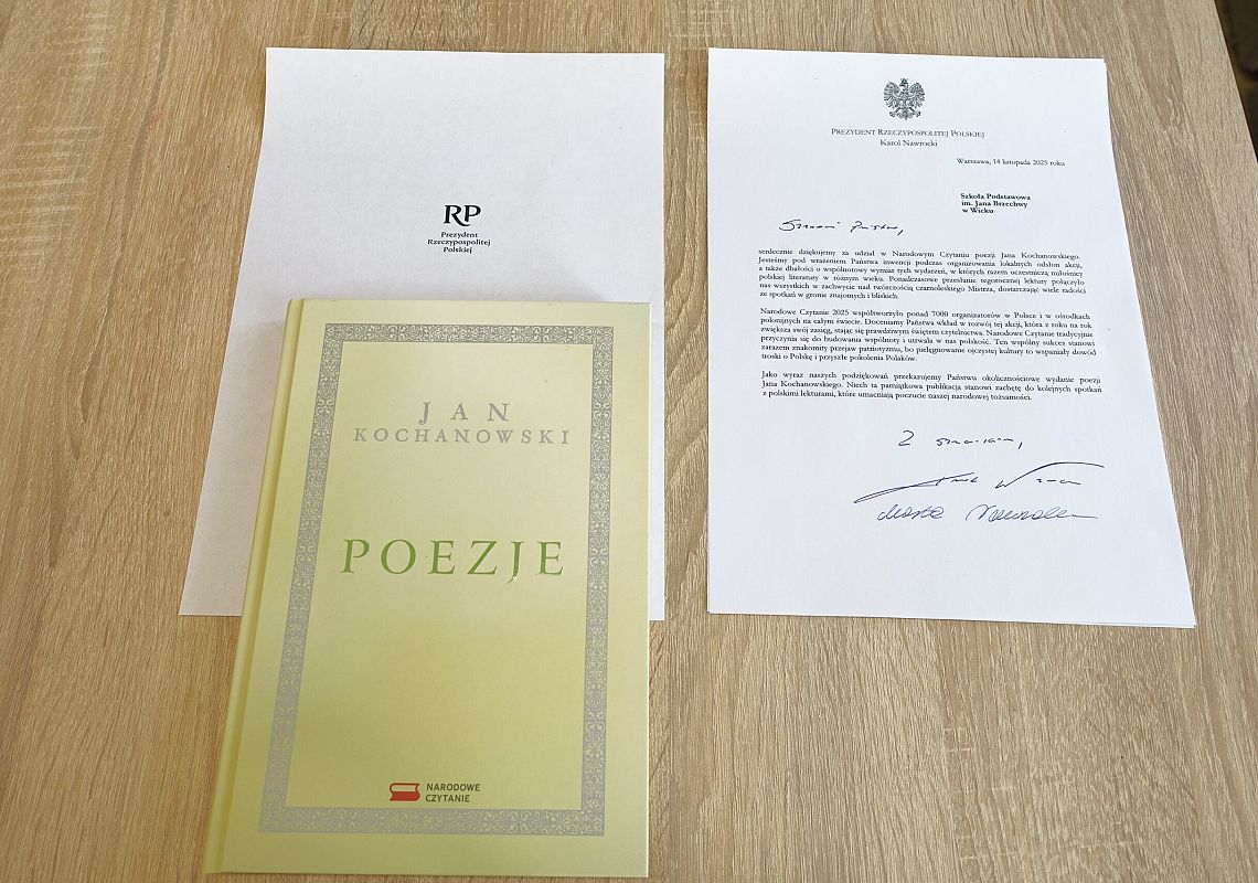 Grafika 1: Otrzymaliśmy podziękowanie za Narodowe Czytanie i egzemplarz z utworami J. Kochanowskiego z Kancelarii Prezydenckiej