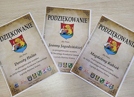 Grafika 2: Podziękowania dla nauczycielek zespołu humanistycznego SP Wicko za przygotowanie naszych uczniów do konkursu literackiego "Legendy Błękitnej Krainy"