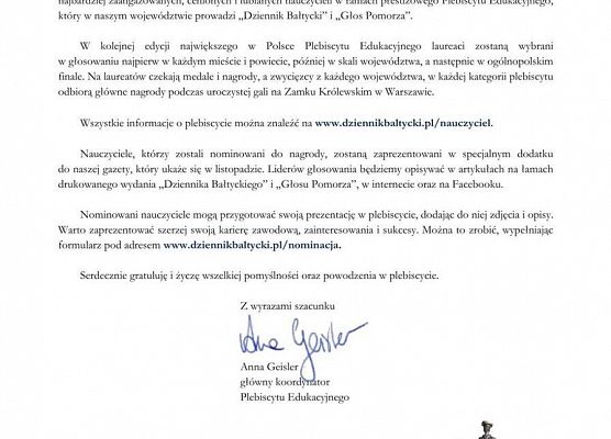 Grafika 1: Nasza Szkoła została zgłoszona do udziału w Plebiscycie Edukacyjnym 2023 "Dziennika Bałtyckiego" i "Głosu Pomorza"