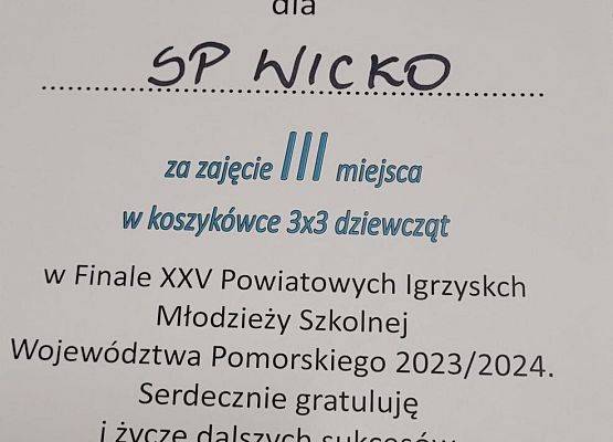 Grafika 3:  III miejsce w powiecie drużyny dziewcząt starszych SP Wicko w rozgrywkach koszykowych!