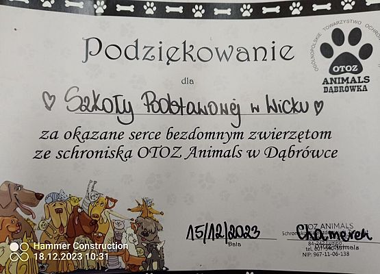 Grafika 3: Dary od nasze szkolnej społeczności pojechały do schroniska dla bezdomnych zwierząt OTOZ Animals w Dąbrówce koło Wejherowa