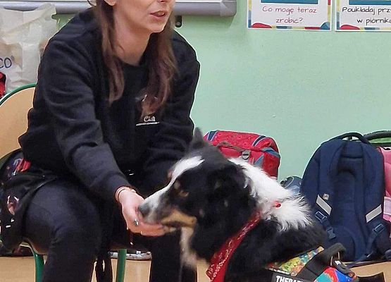 Grafika 43: Warsztaty edukacyjne dla klas I-III z psem Chilli na temat prawidłowego postępowania z czworonogami