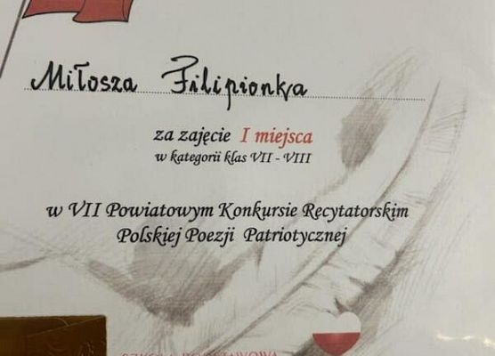 Grafika 1: Miłosz Filipionek najlepszy w VII Powiatowym Konkursie Recytatorskim Polskiej Poezji Patriotycznej