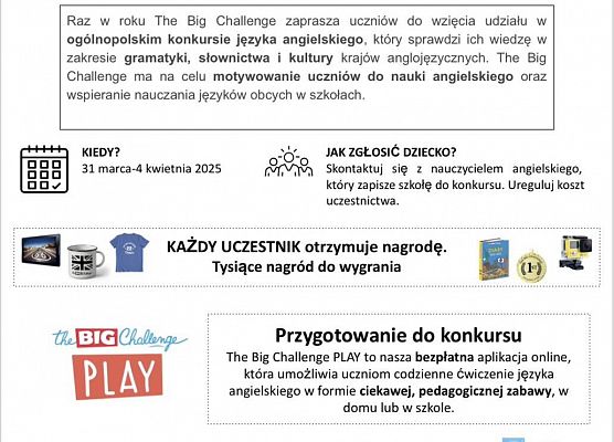 Grafika 2: Zapraszamy do udziału w Konkursie Języka Angielskiego "The Big Challenge"!