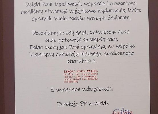 Grafika 1: Podziękowania od Dyrekcji dla Pani Martyny Marciniak
