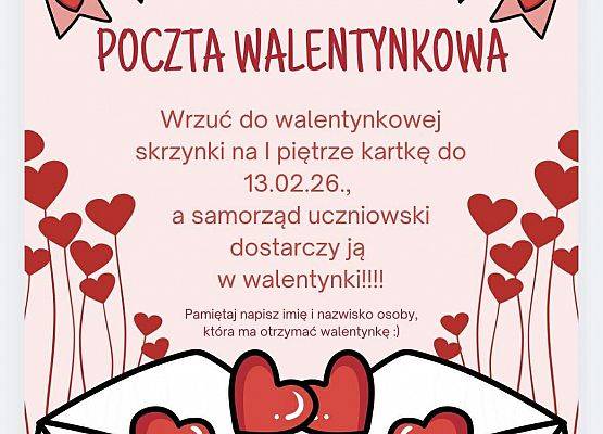 Grafika 2: Samorząd Uczniowski klas IV–VIII zaprasza na obchody Dnia Świętego Walentego! 